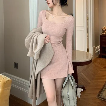 Korea Fashion Kootud Kleit Naiste Pikad Varrukad Lühikesed Pool Kleit Elegantne 2023 Aasta Sügisel Sale Seksikas Y2k Mini Kleit Juhuslik Naine Šikk