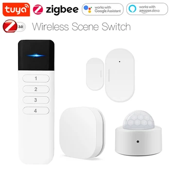 Tuya Zigbee Smart Scece 4Keys Nuppu Traadita Kaugjuhtimispult 1Key Scene PIR Liikumisandur Ukse Andur Smart Home APP hääljuhtimine