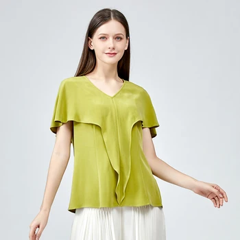 Silk 30m/m Raskekaalu Oliivi Roheline V-Kaeluse Vintage Streetwear Tops Ruffled Lihtne Tahke Vaik Kõik-mängu Lady T-särk BE955