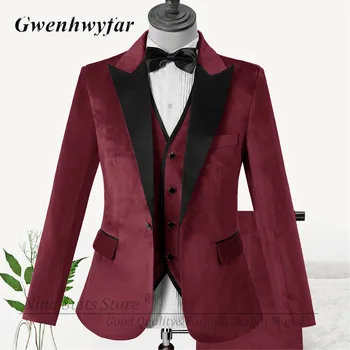 G&N Custom Made Slim Fit Meeste Ülikonnad Vein Punane Samet Kõnniteed Etapp Pulm Tuxedos 2023 Uus 3 Tükki Mees Komplekt Sobiks Jakk, Vest Püksid