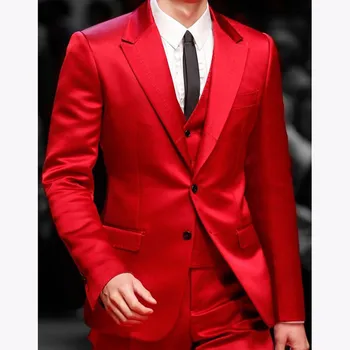Slim Fit Punane Meeste Ülikonnad, mis on mõeldud Kõnniteed Laulja 3. Etapp Töö Satiin Pulmad Peigmehe Smoking Meeste Mood Jakk, Vest, millel Püksid 2023