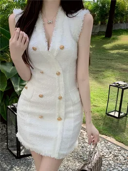 Elegantne Daam Valge Kleit Naistele 2022 Suvel Vintage Tweed Mini Kleit Tutt kaherealine Tank Suvine Kleit