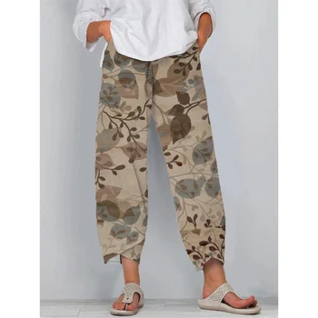 CLOOCL Naiste Püksid Liiga pikad Püksid, millel on Kahekordne Tasku Leaf Maali Muster Prindi Lai Jalg Püksid Vintage Stiilis