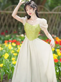 Mori Stiilis Vintage Kleidid Naistele 2023 Lühikesed Varrukad Jacquard Segast Square Kaela Vestidos Roheline Summer Fairy Kleit