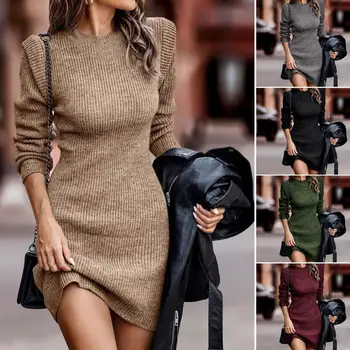 Mini Kleit Streetwear Bodycon Kleit O-Kaela Külma Vastupidav Paksenenud Daamid Elegantne Pool Värviga Soonikkoes Kampsun