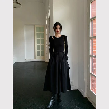 Vintage Must Kootud Pikad Varrukad Midi Kleit Naiste Hepburn Stiilis Õõnes Välja O Kaela Office Lady Slim Juhuslik Rida Kleit Uus