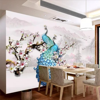 beibehang Kohandatud taustpildi 3d foto seinamaaling Hiina uus vee-ja rikkust pressitud sinine paabulind magnolia diivan taust seina-paber