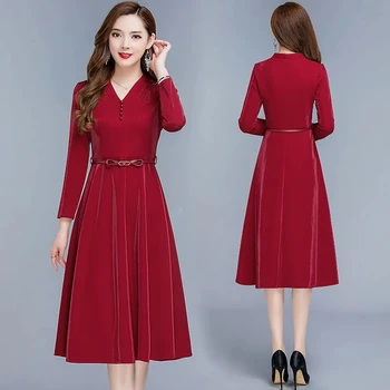 Kvaliteetne Kleit Naiste 2023 Sügisel Uus Kaas Kõht On Õhuke Temperament Puhta Värvi Pits-Up Temperament Kleidid Naistele Vein Punane